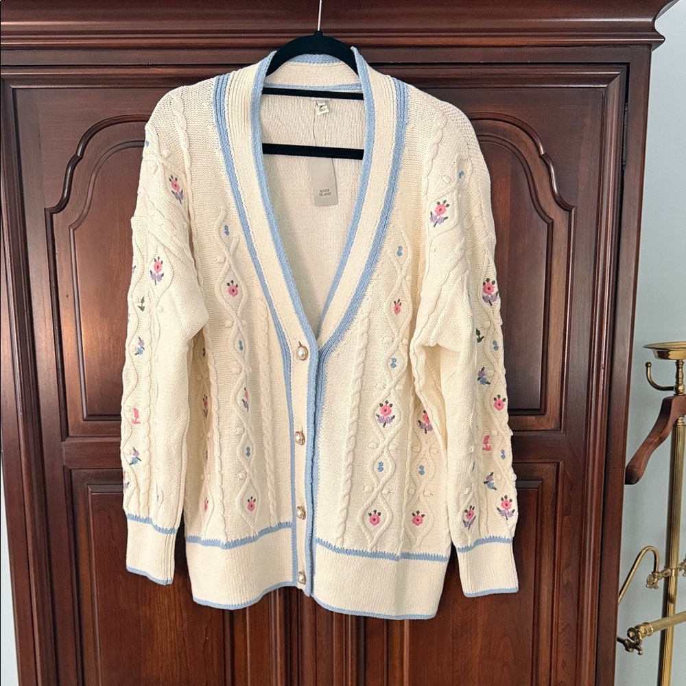 River Island Cream Cardigan with Blue Accents